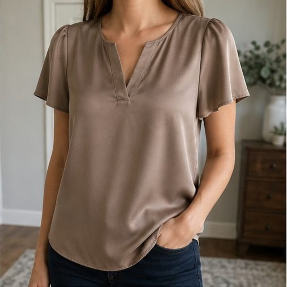 Taupe Puff Sleeve Top - Picture 2 of 6